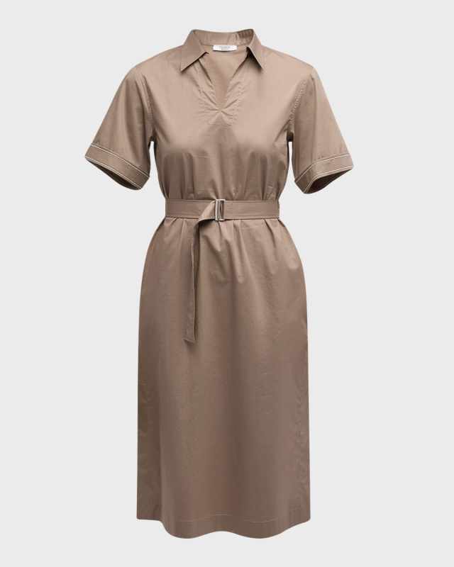 Belted Bead-Trim A-Line Midi Dress